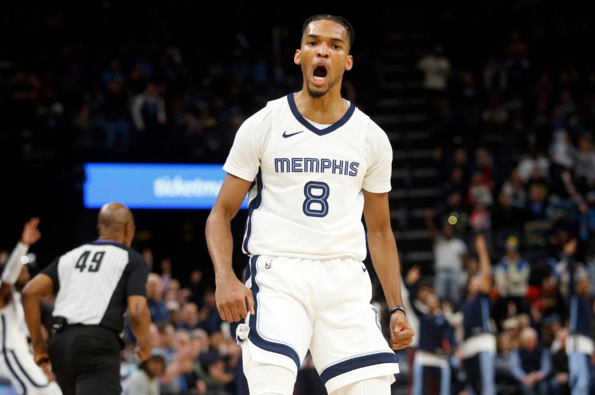 Memphis Grizzlies forward Ziaire Williams (8) reacts after a three- point basket during the first half against the Utah Jazz at FedExForum.