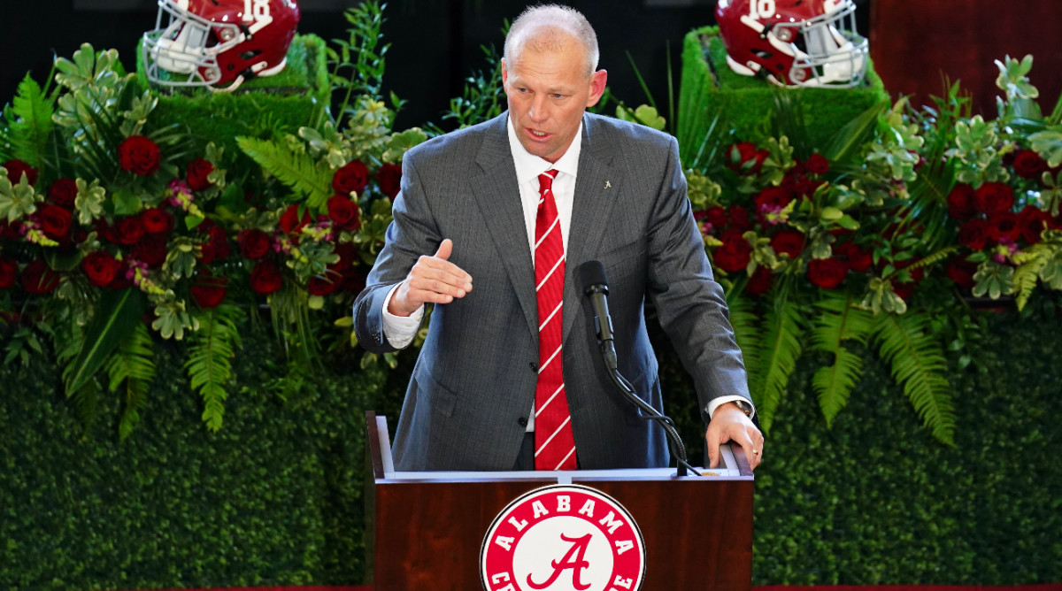 Jan 13, 2024; Tuscaloosa, AL, USA; University of Alabama new head football coach Kalen DeBoer speaks during a press conference in the North end zone at Bryant-Denny Stadium.