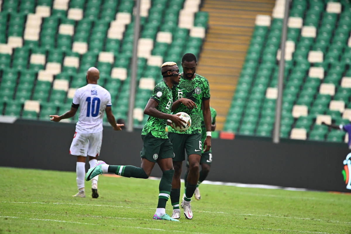 Nigeria forward Victor Osimhen pictured (no.9) moments after scoring the first goal of his AFCON career in a 1-1 draw with Equatorial Guinea in January 2024