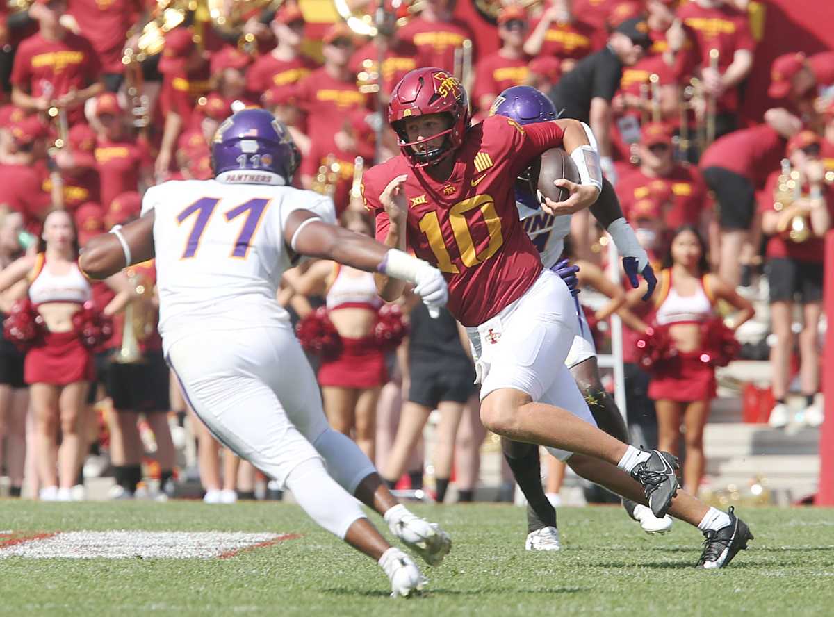 Iowa State Cyclones' quarterback JJ Kohl (10) runs with the ball around Northern Iowa Panthers linebacker Jahsiah Galvan (11) during the third quarter in the season-opening game at Jack Trice Stadium on Saturday, Sept. 2, 2023, in Ames, Iowa.