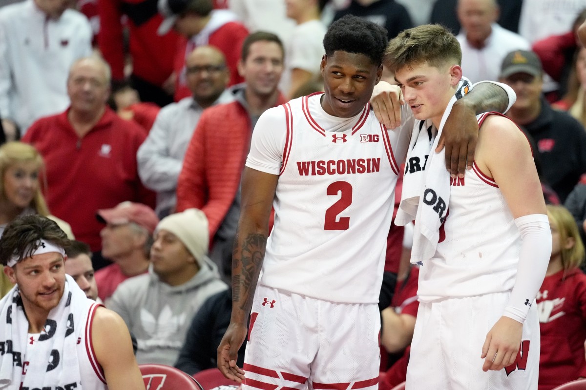 Guards AJ Storr (2) and Connor Essegian (3) look on as the Wisconsin Badgers take on the Nebraska Cornhuskers during the second half at the Kohl Center.