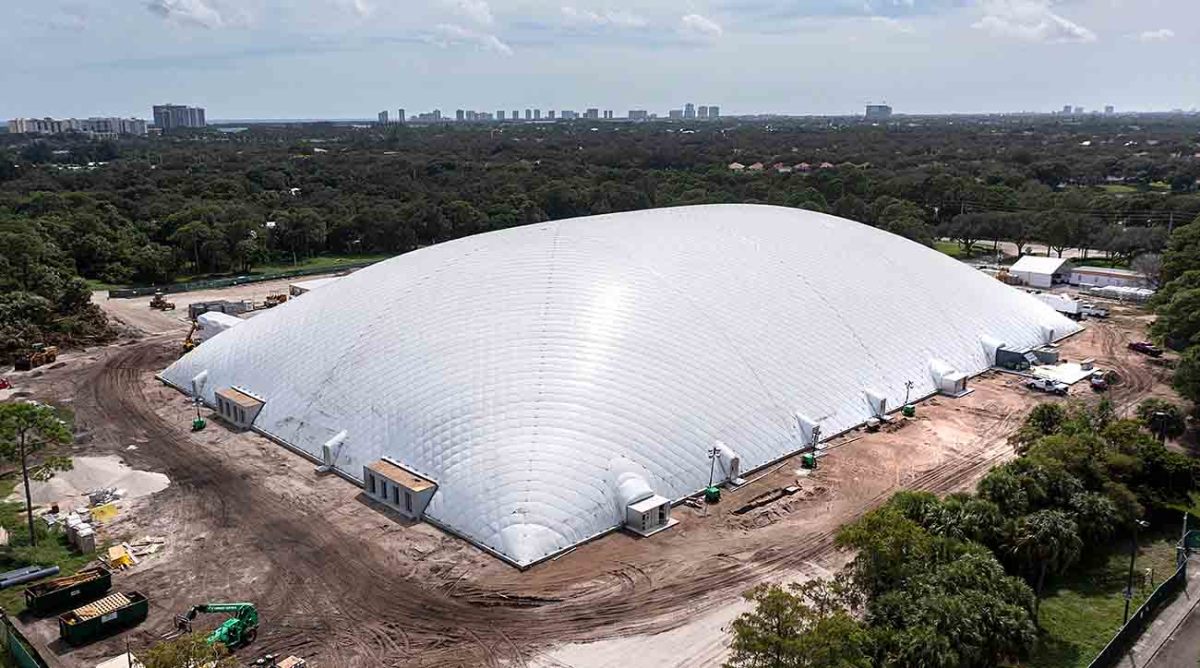 An air-supported dome is under construction for Tiger Woods and Rory McIlroy's simulator Golf League, TGL, at Palm Beach State College's PGA Boulevard campus in Palm Beach Gardens, Fla., on Oct. 12, 2023.