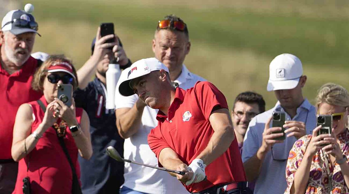 Justin Thomas chips onto the 10th green during a practice round ahead of the 2023 Ryder Cup at the Marco Simone Golf Club in Italy.