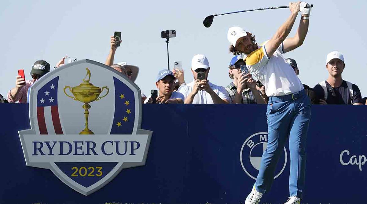 Europe's Tommy Fleetwood tees off the 3rd hole during a practice round ahead of the 2023 Ryder Cup in Italy.