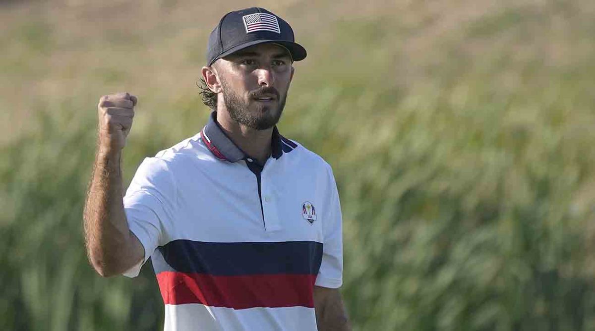 Max Homa celebrates after winning his afternoon fourballs match 2 and 1 at the 2023 Ryder Cup