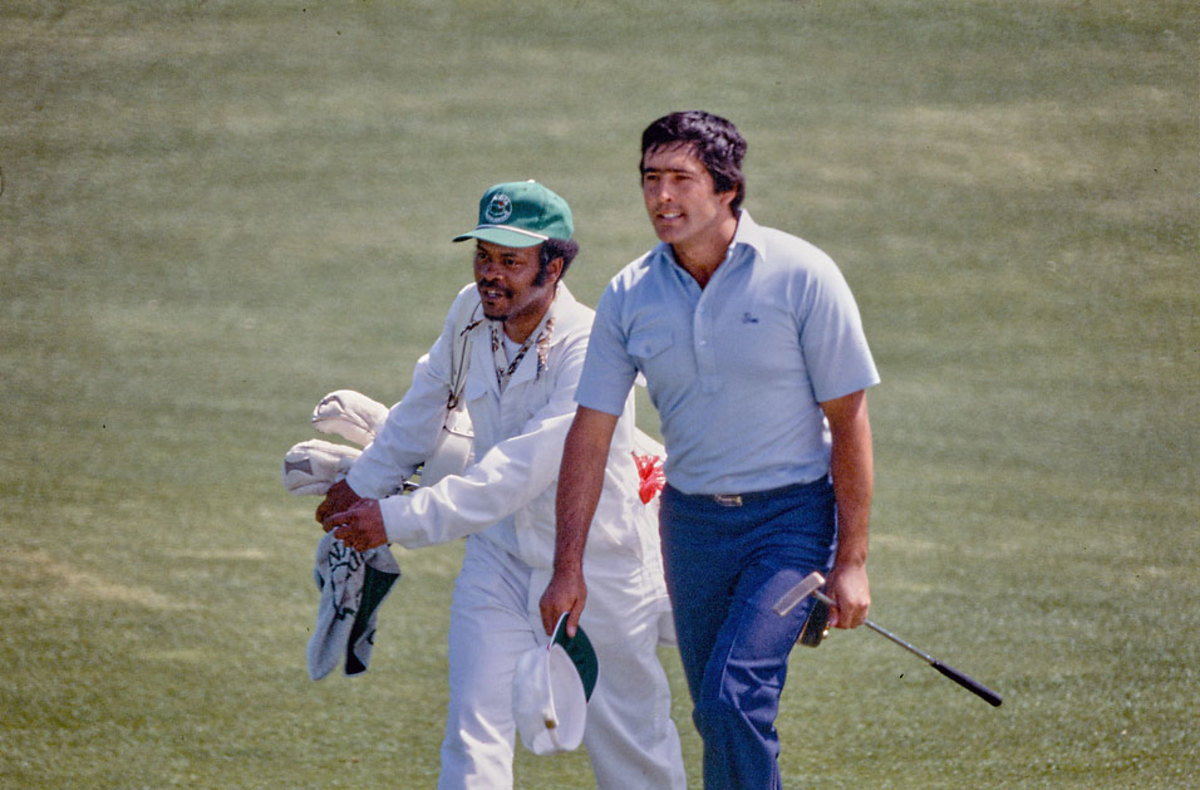 Seve Ballesteros walks Augusta National with his caddie during the 1980 Masters.