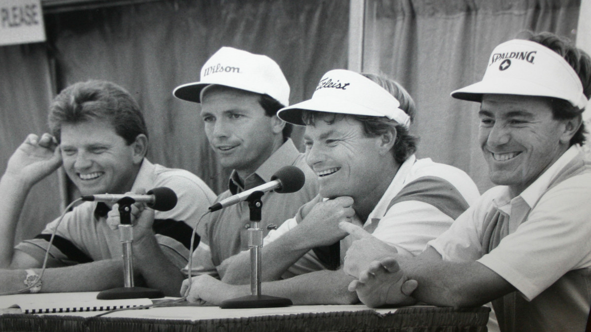 The four players (from left) Nick Price, Jerry Pate, Mark Wiebe and Doug Weaver talk to the media following the unbelievable record.