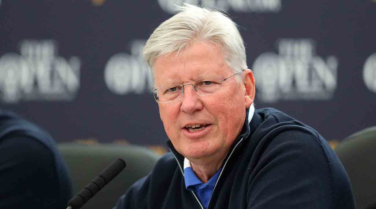 Martin Slumbers is pictured at a press conference during the 148th British Open at Royal Portrush in Northern Ireland.