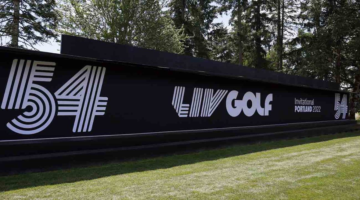 Golf signage is seen during the second round of the 2022 LIV Golf tournament at Pumpkin Ridge Golf Club.