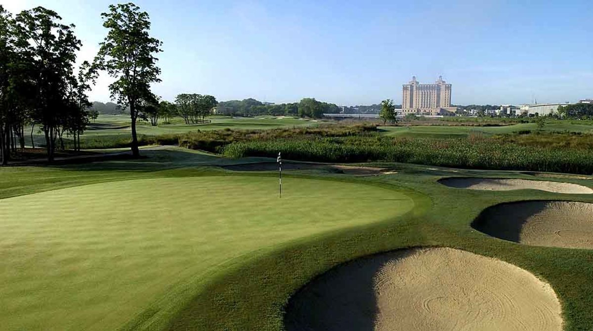 The Club at Savannah Harbor is pictured with the Westin Hotel in the background.