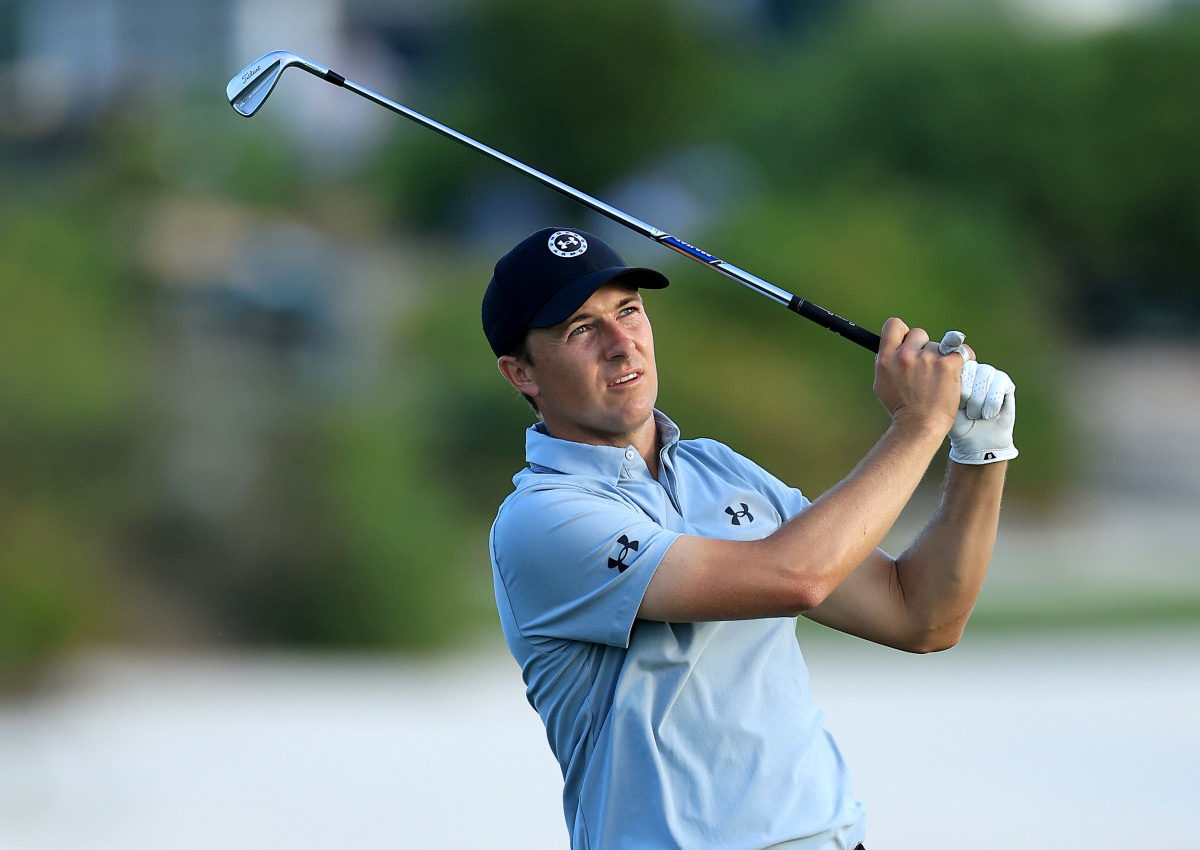 Jordan Spieth of The United States plays his second shot on the 18th hole during the first round of the Hero World Challenge at Albany Golf Course on November 30, 2023 in Nassau.