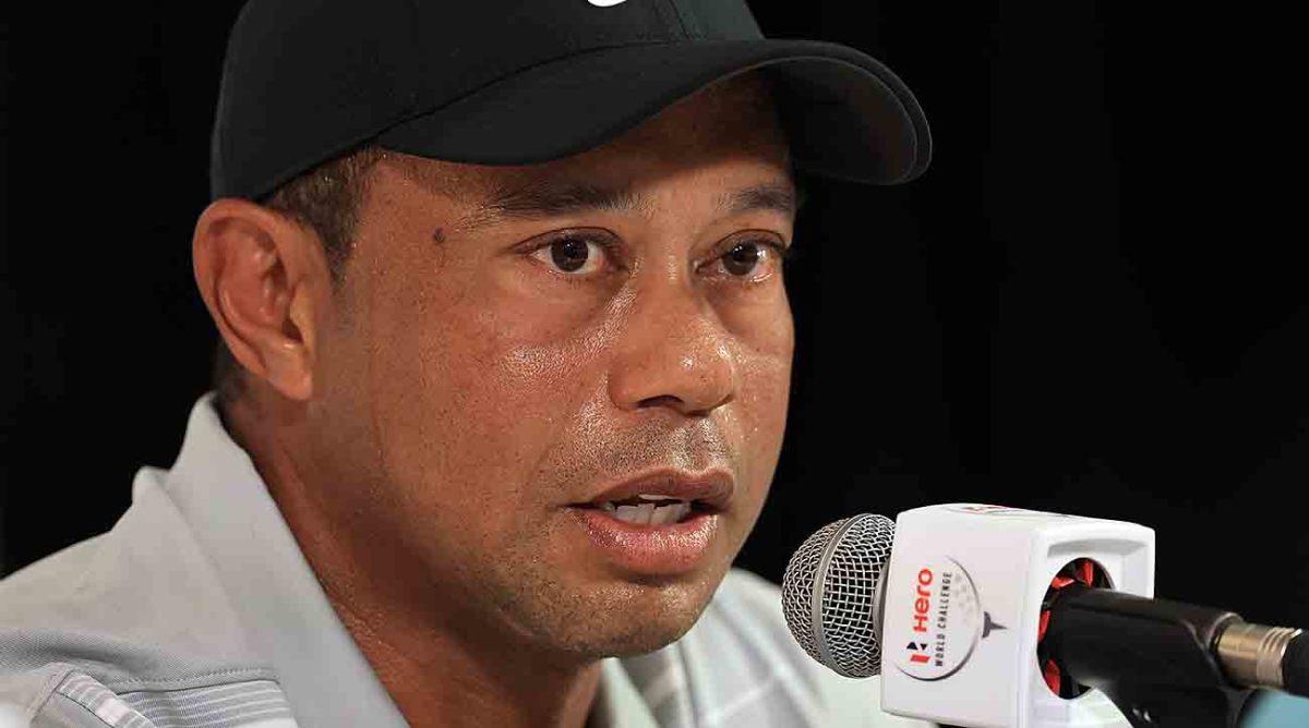 Tiger Woods speaks to the media during his pre-tournament media conference prior to the 2023 Hero World Challenge at Albany Golf Course in Nassau, Bahamas.