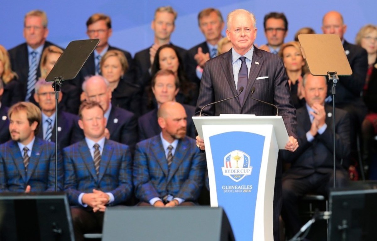 Ted Bishop, president of the PGA of America, speaks during the opening ceremony before the 2014 Ryder Cup at Gleneagles in Scotland. 