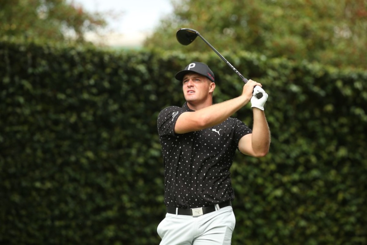 Bryson DeChambeau works out his driver during Tuesday morning's practice round at the Masters Tournament at Augusta National Golf Club.