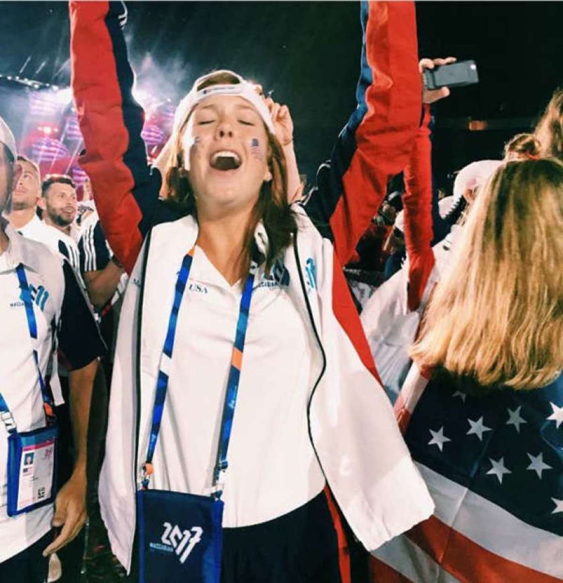 Golfer Hannah Berman, 19, of Ponte Vedra Beach, Fla., celebrates in Jerusalem during the opening ceremonies for the Maccabiah Games.