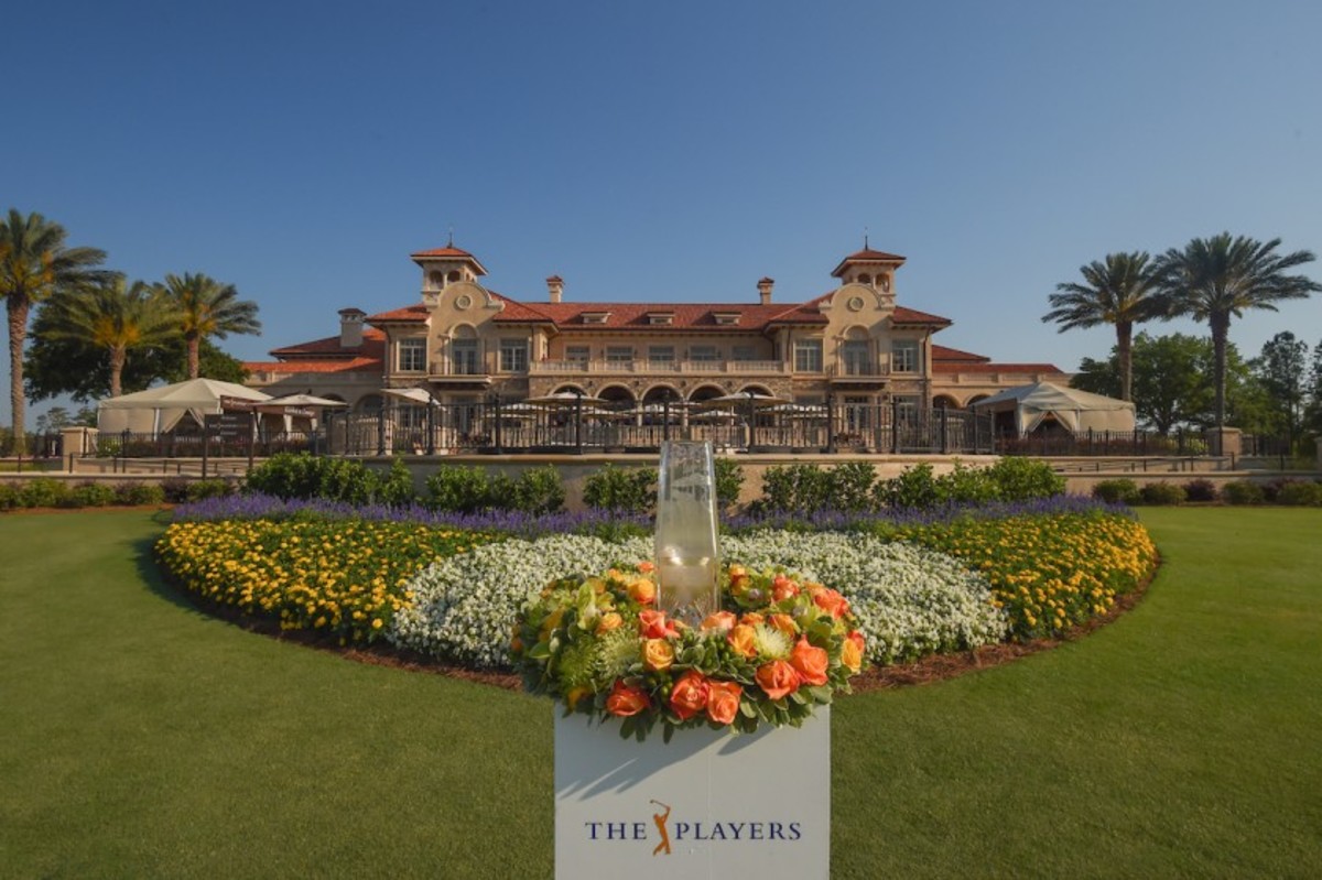 The Players Championship trophy (foreground) goes unclaimed for 2020 after the tournament at TPC Sawgrass' Stadium Course in Ponte Vedra Beach, Fla., fell victim to the coronavirus pandemic. 