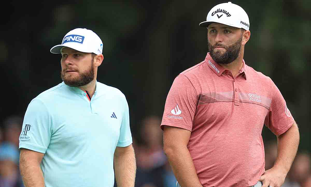 Tyrrell Hatton and Jon Rahm are pictured in the final round of the 2023 BMW PGA Championship at Wentworth.