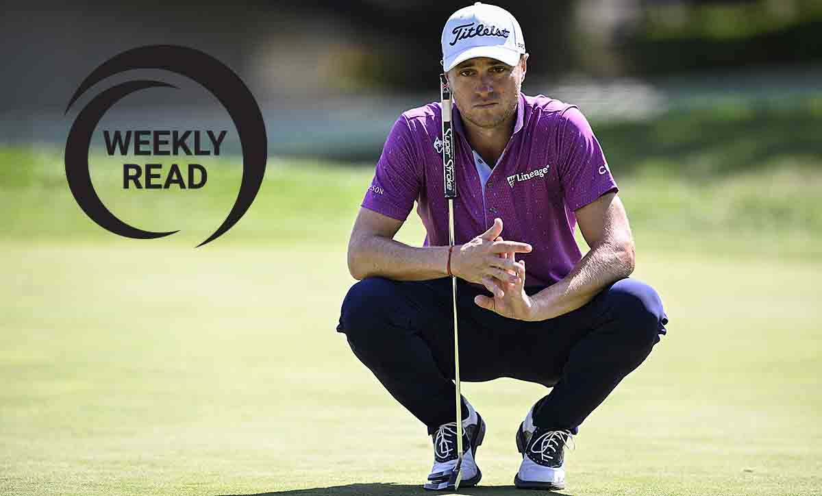 Justin Thomas lines up a putt on the second green during the final round of the 2023 Fortinet Championship at Silverado Resort and Spa in Napa, California, along with the SI Weekly Read logo.