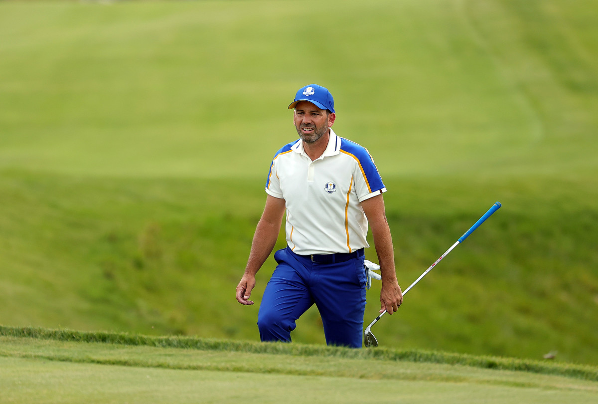 Sergio Garcia of Spain and team Europe reacts on the tenth hole during Sunday Singles Matches of the 43rd Ryder Cup at Whistling Straits on September 26, 2021 in Kohler, Wisconsin.