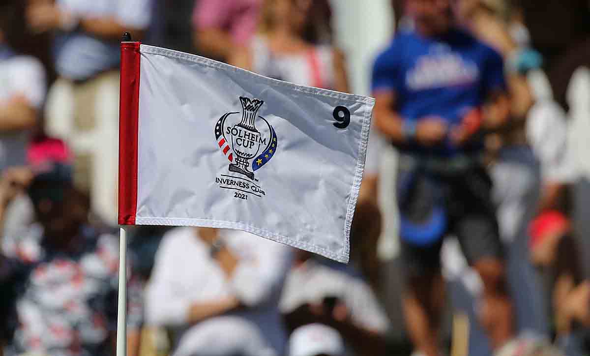 A general view of the hole flag with the Solheim Cup logo for the ninth hole is seen, during the Singles Matches on Day 3 of the Solheim Cup on September 6, 2021 at the Inverness Club in Toledo, Ohio.