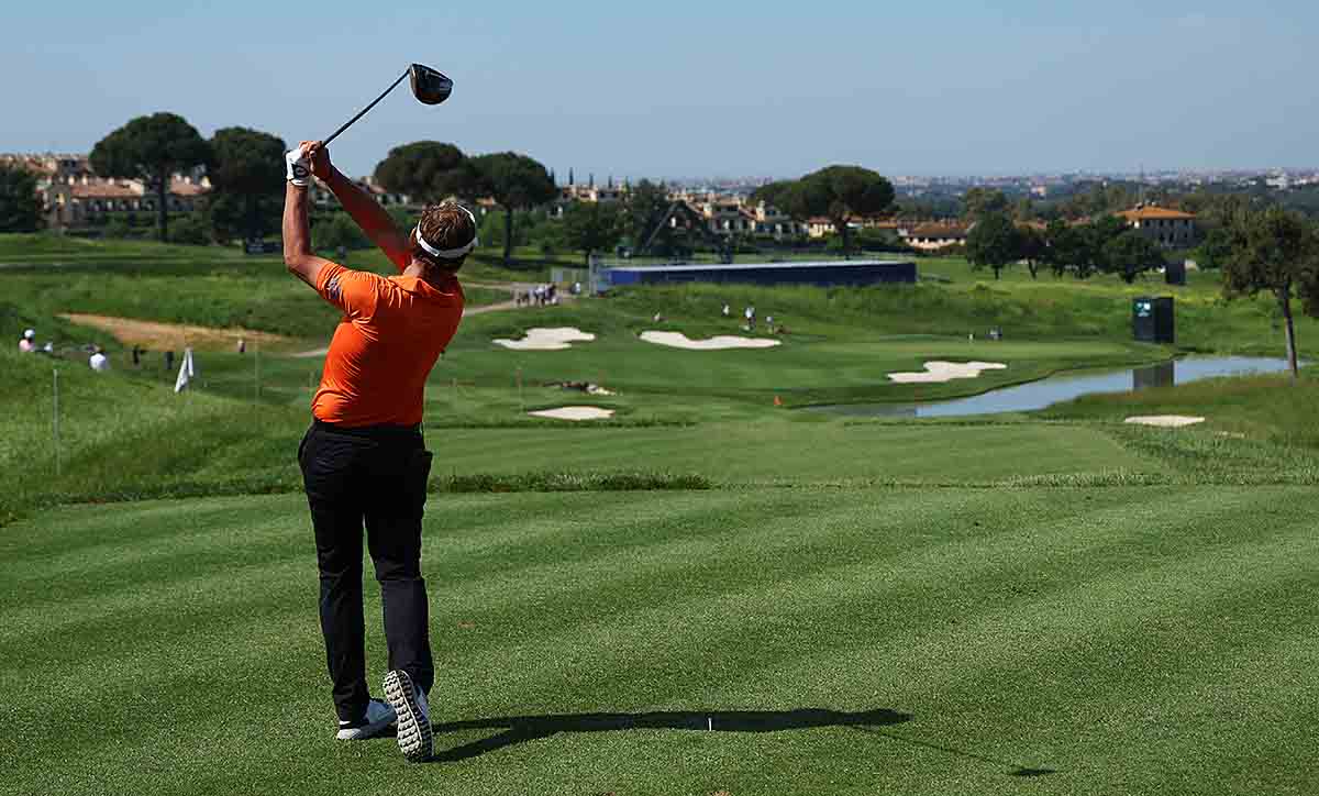 Joost Luiten of The Netherlands tees off on the 16th hole during the final round of the 2023 DS Automobiles Italian Open at Marco Simone Golf Club.