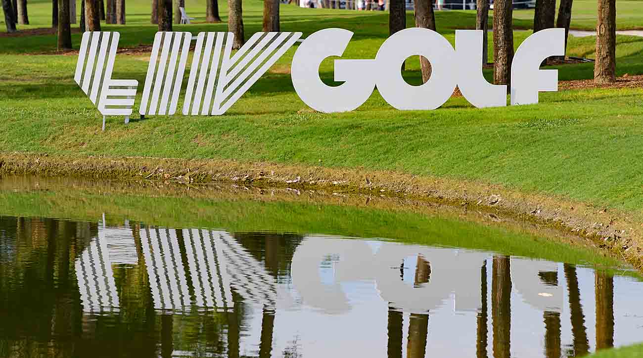 Signage during day three of the 2023 LIV Golf Invitational Miami on at Trump National Doral Miami in Doral, Florida.