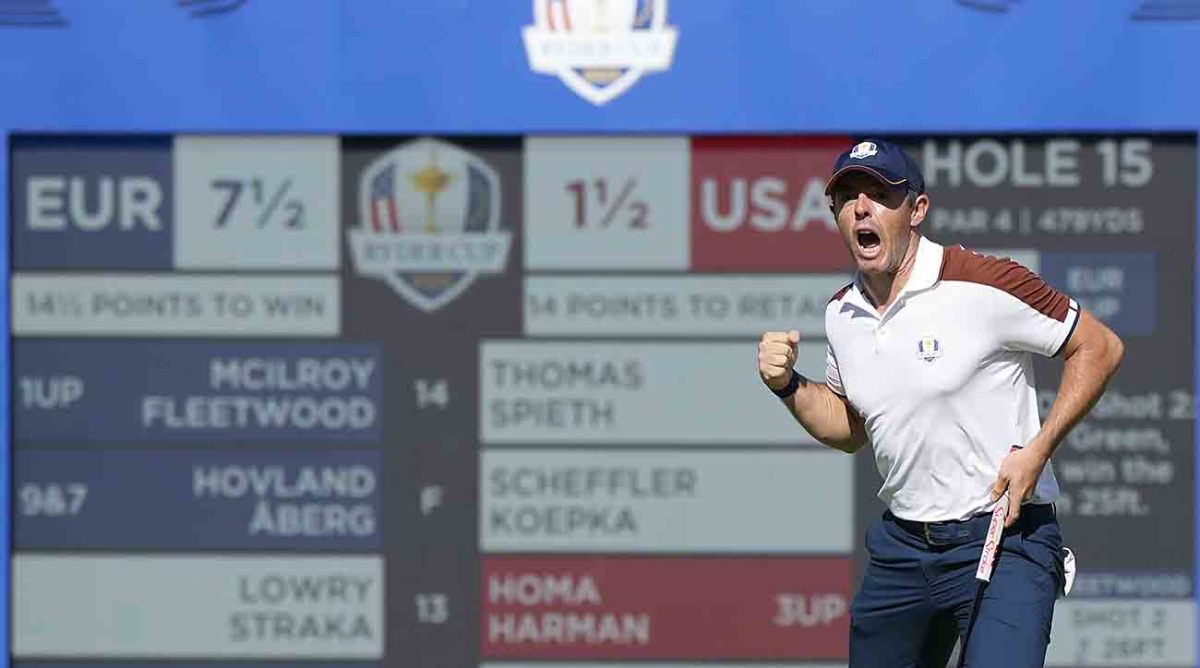 Europe's Rory McIlroy celebrates after putting on the 15th green during morning Foursomes match at the 2023 Ryder Cup in Italy.