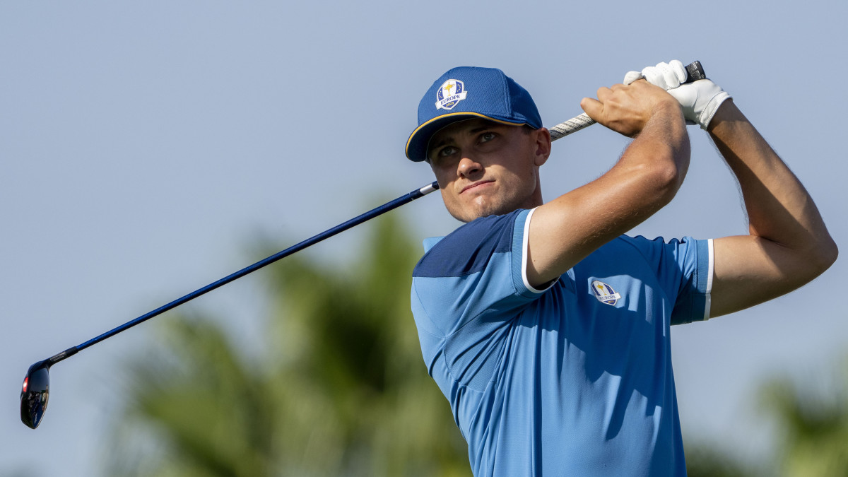 Team Europe golfer Ludvig Aberg hits his tee shot on the 10th hole during a practice day for the Ryder Cup.