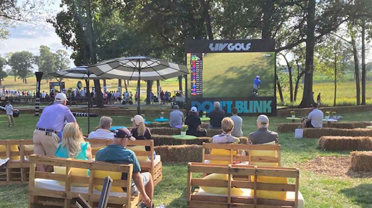 An outdoor seating area is pictured at the 2022 LIV Golf Invitational Chicago.