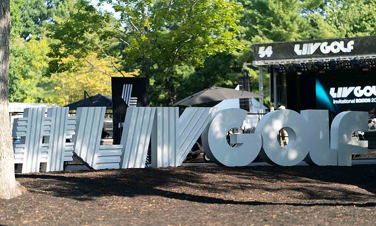 LIV Golf signage before the final round of the 2022 LIV Golf tournament at The International outside Boston.