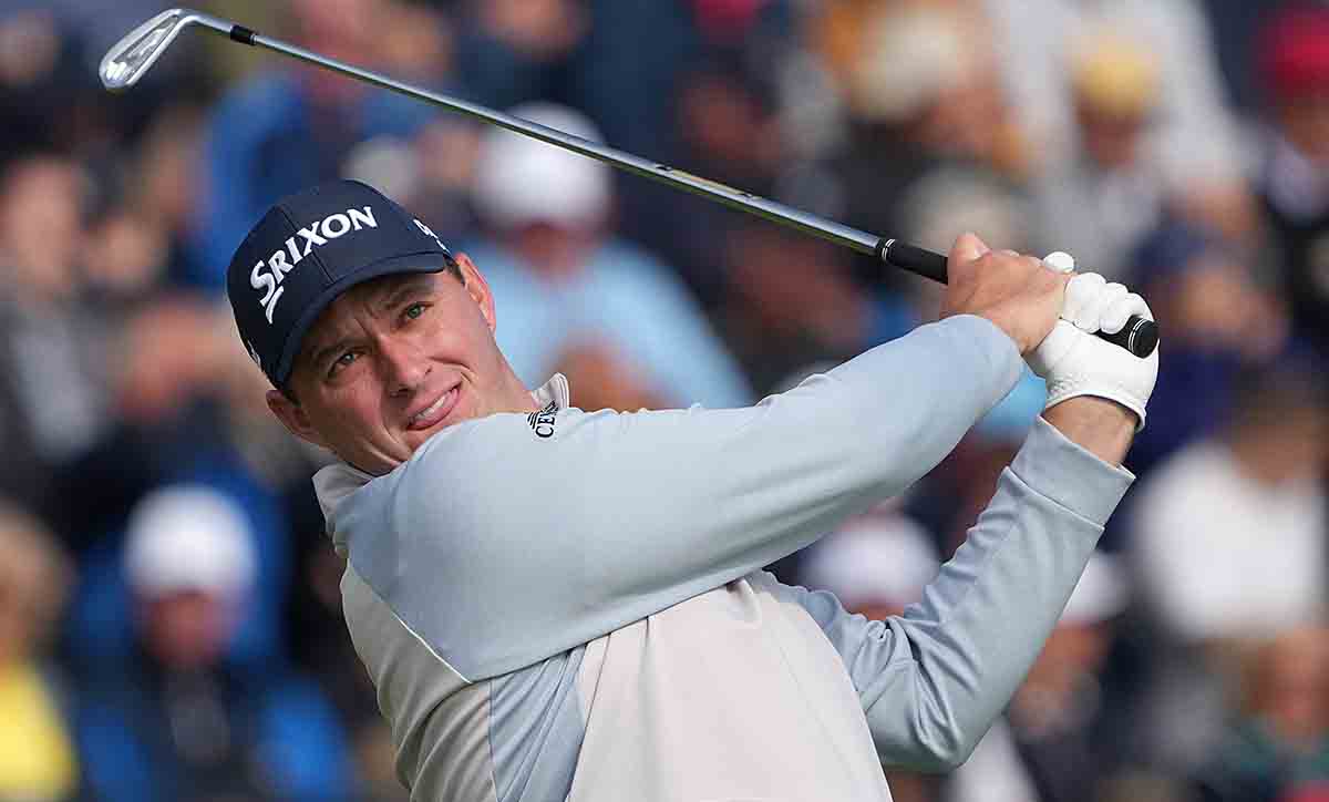 Sepp Straka plays his shot from the fourth tee during the first round of the 2023 British Open at Royal Liverpool.