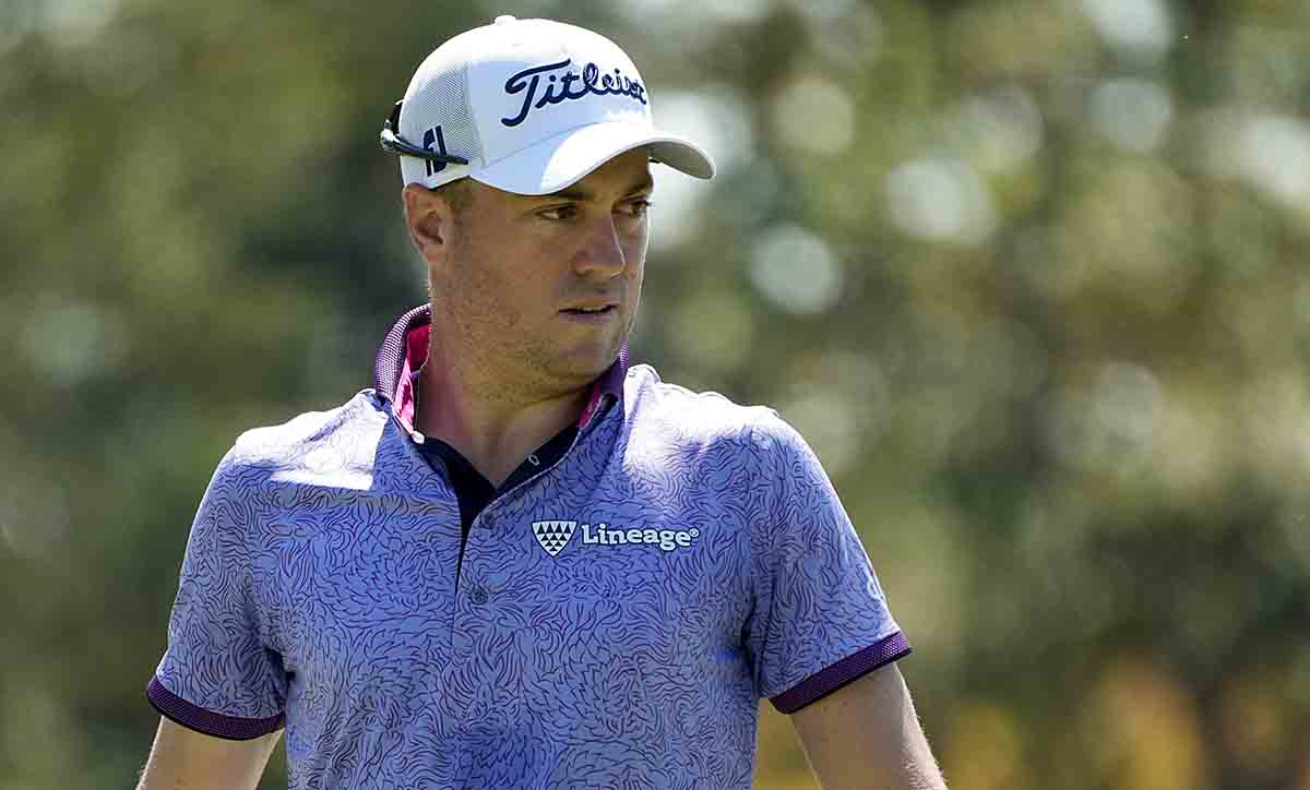 Justin Thomas follows his putt on the third green of the Silverado Resort North Course during the first round of the 2023 Fortinet Championship.