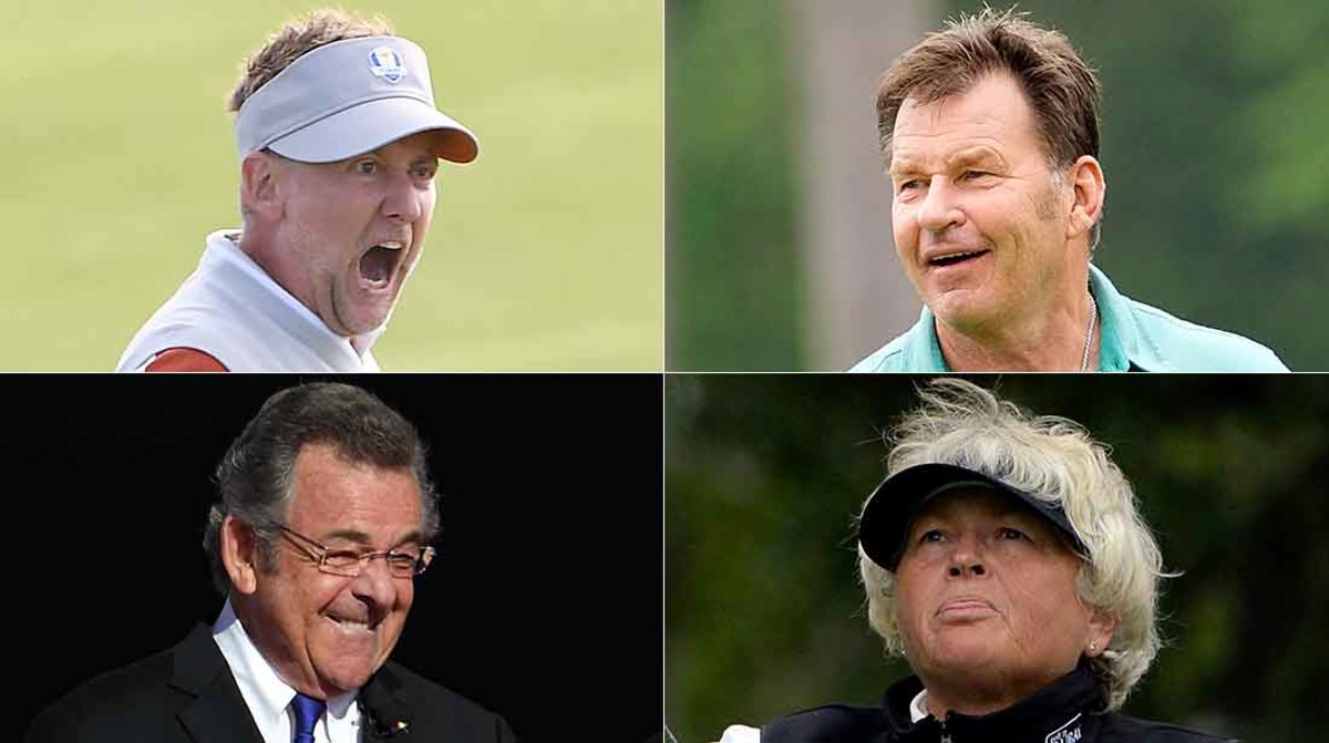 Top English golfers (clockwise from top left) Ian Poulter, Nick Faldo, Laura Davies and Tony Jacklin.