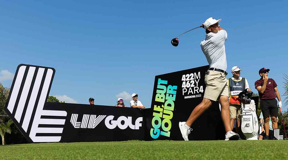 Bryson DeChambeau tees off during the 2023 LIV Golf opener at Mayakoba in Mexico.