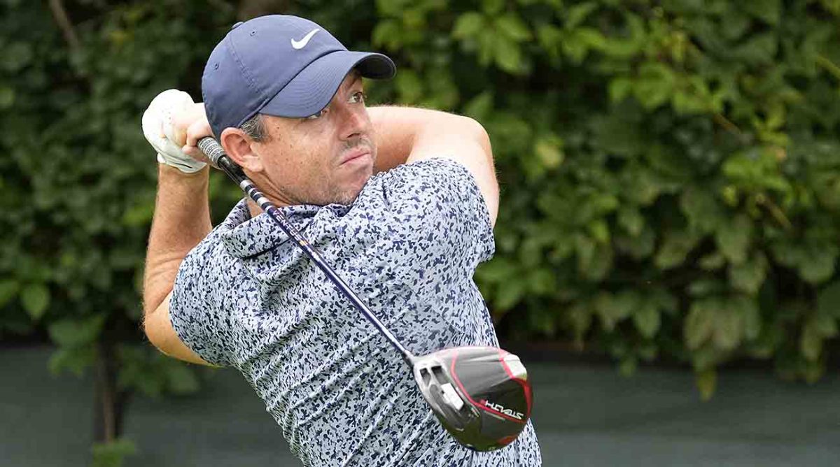 Rory McIlroy watches his tee shot on the second hole during the first round of the 2023 BMW Championship.