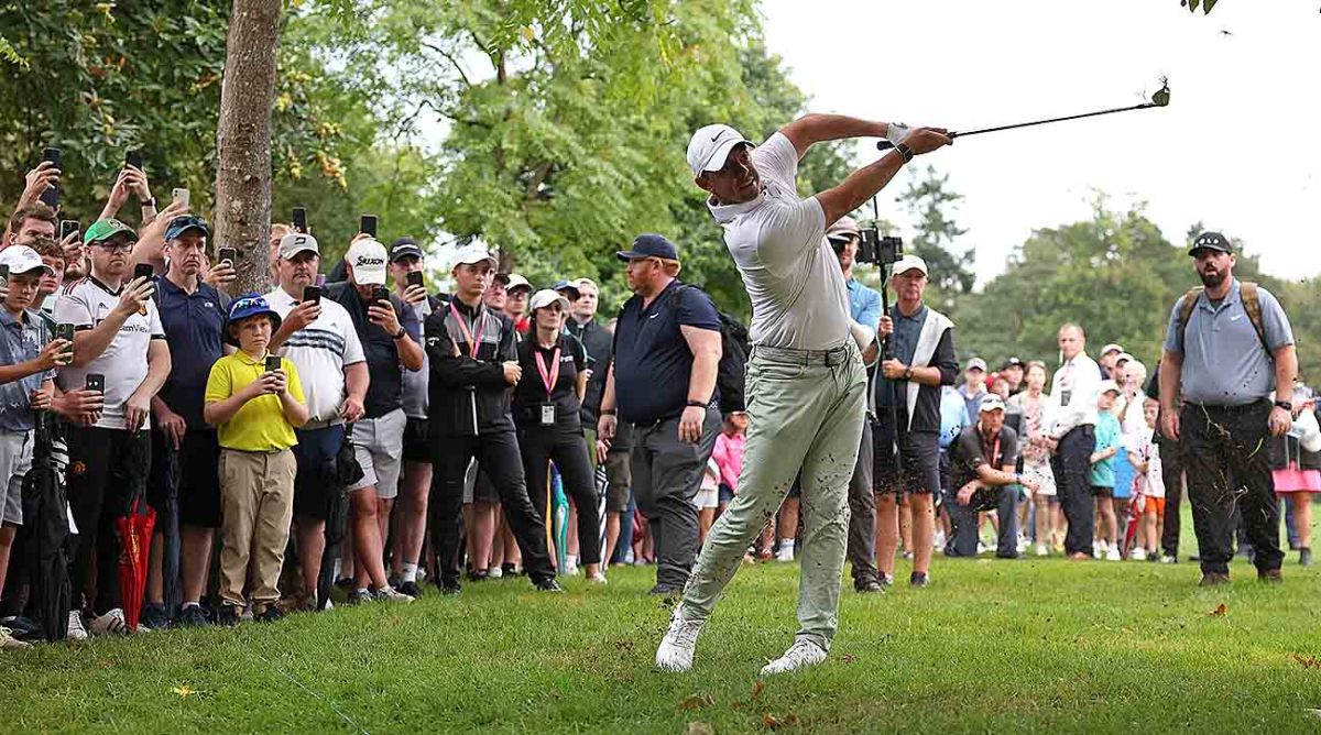 Rory McIlroy plays his second shot on the 17th hole during Day Four of the Horizon Irish Open at The K Club on Sept. 10, 2023, in Straffan, Ireland.