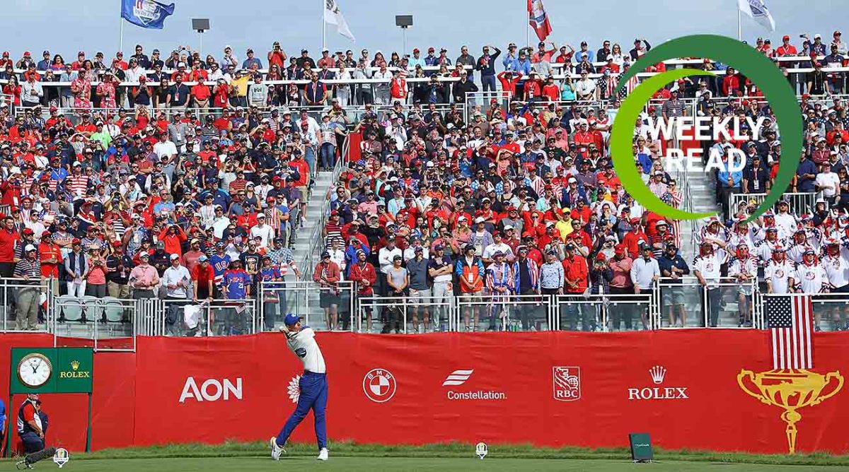 Rory McIlroy of Northern Ireland and team Europe hits his shot from the first tee during Sunday Singles Matches of the 2021 Ryder Cup along with the Weekly Read logo.