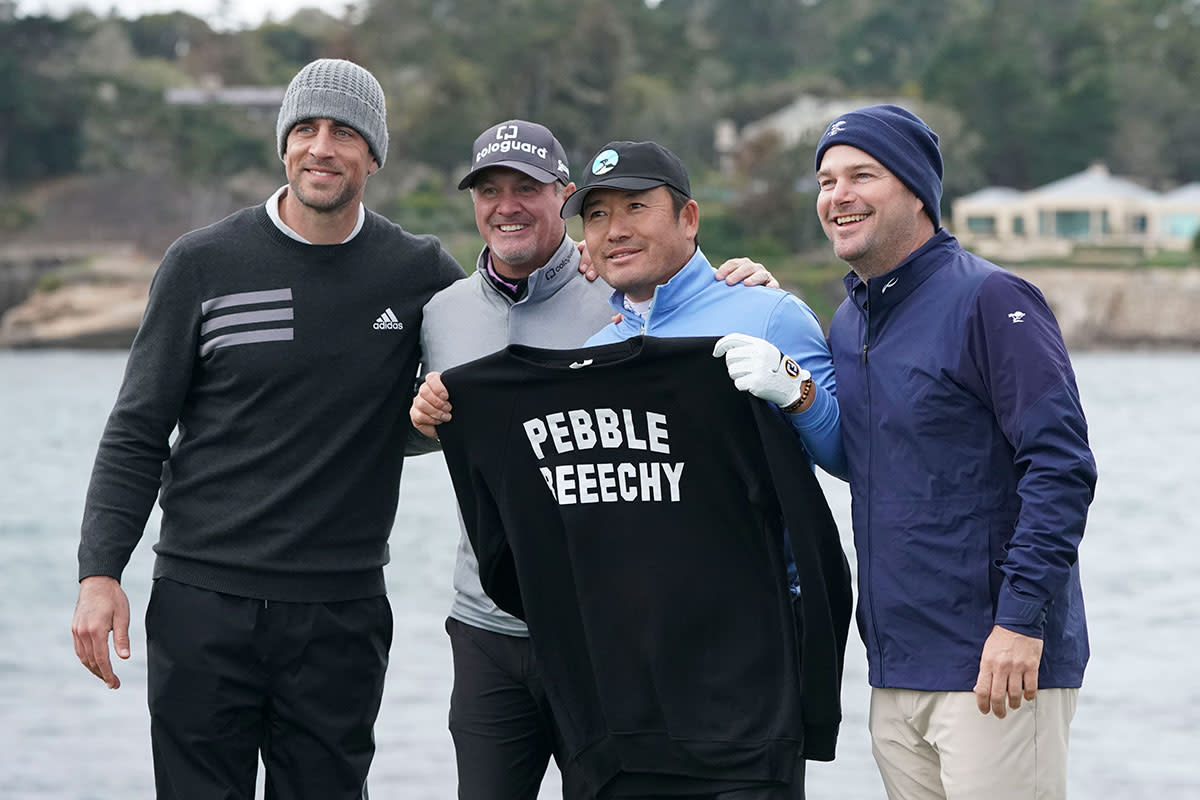 Aaron Rodgers, Jerry Kelly, Ho-sung Choi and Chris O'Donnell pose at the 2019 Pebble Beach Pro-Am.