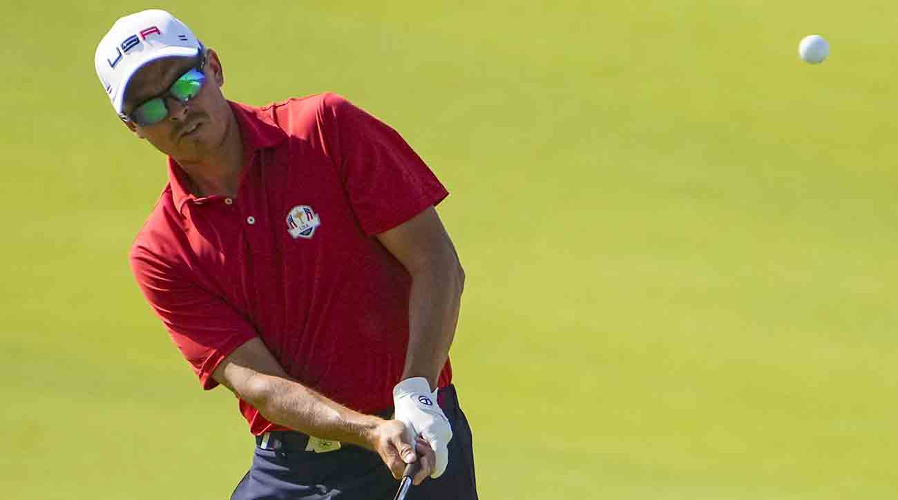 Team USA golfer Rickie Fowler hits during a practice round of the 2023 Ryder Cup at Marco Simone Golf and Country Club in Rome.