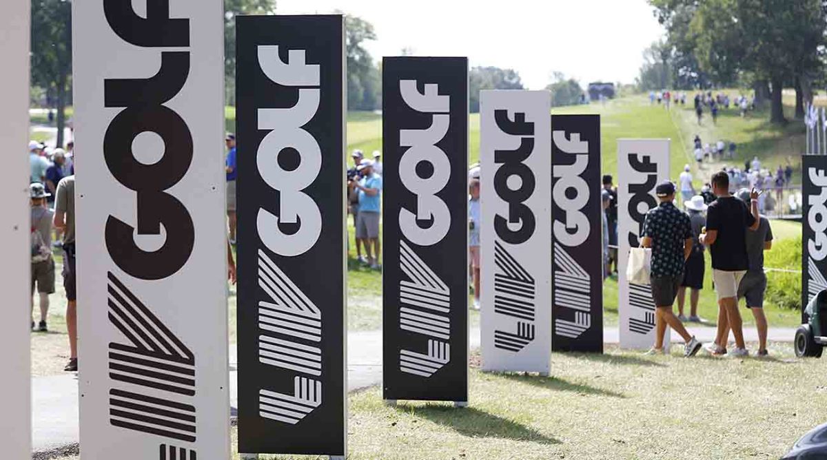 A general view of LIV golf signage as seen during the first round of the 2022 LIV Golf Invitational Series Chicago at Rich Harvest Farms.