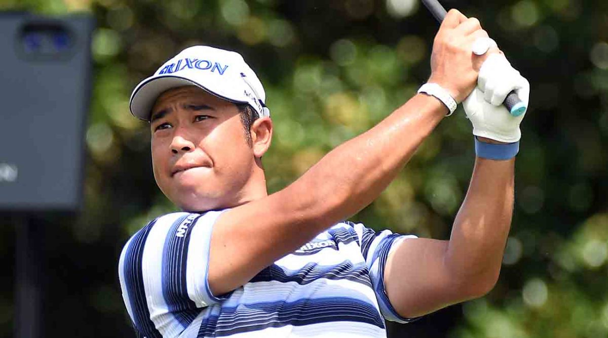 Hideki Matsuyama hits his tee shot on the eighth hole during the third round of the 2023 FedEx St. Jude Championship.