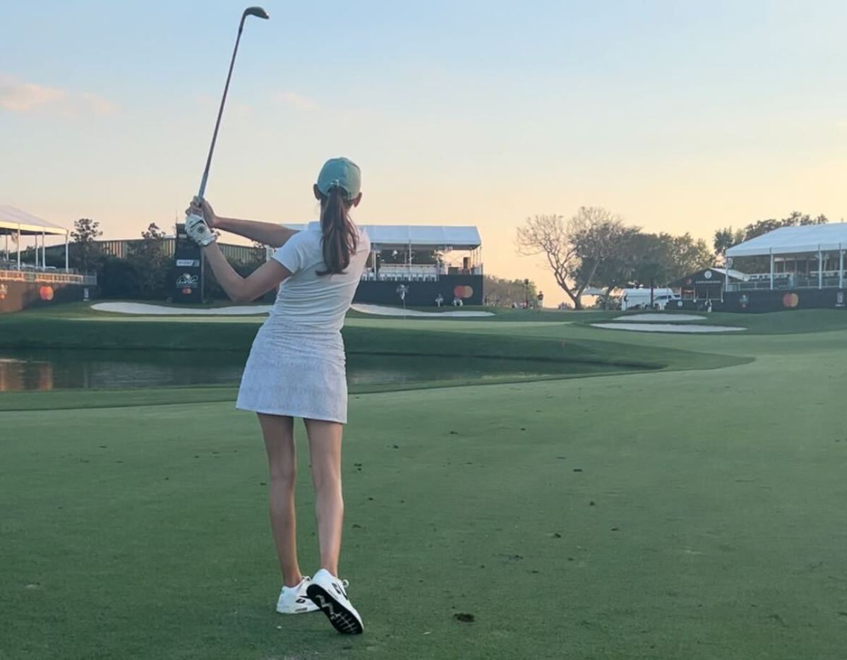 Gabby Herzig watches an approach shot at the 2023 Arnold Palmer Invitational Pro-Am.