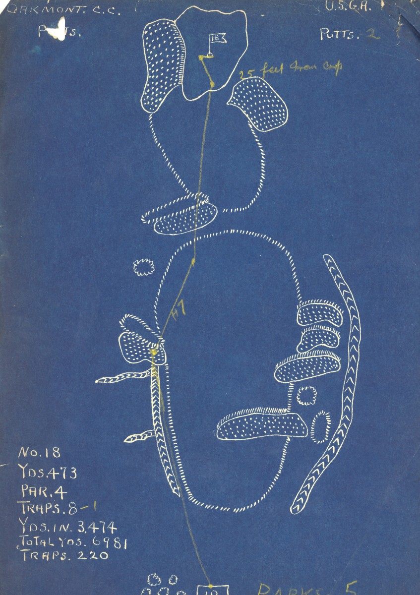 Sam Parks' drawing of the 72nd hole for the 1935 U.S. Open at Oakmont Country Club.