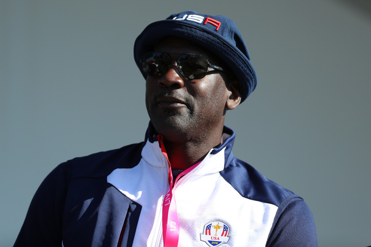 Michael Jordan looks on during morning foursome matches of the 2016 Ryder Cup at Hazeltine National Golf Club on October 1, 2016 in Chaska, Minnesota.