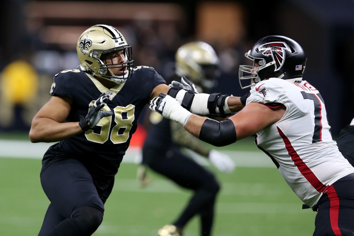 New Orleans Saints defensive end Payton Turner (98) rushes against Atlanta Falcons offensive tackle Jake Matthews (70). Mandatory Credit: Chuck Cook-USA TODAY 