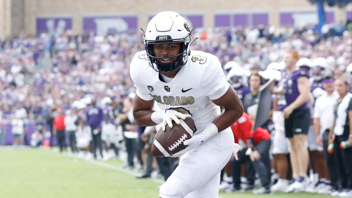 Sep 2, 2023; Fort Worth, Texas, USA; Colorado Buffaloes running back Dylan Edwards (3) catches a touchdown pass in the first quarter against the TCU Horned Frogs at Amon G. Carter Stadium