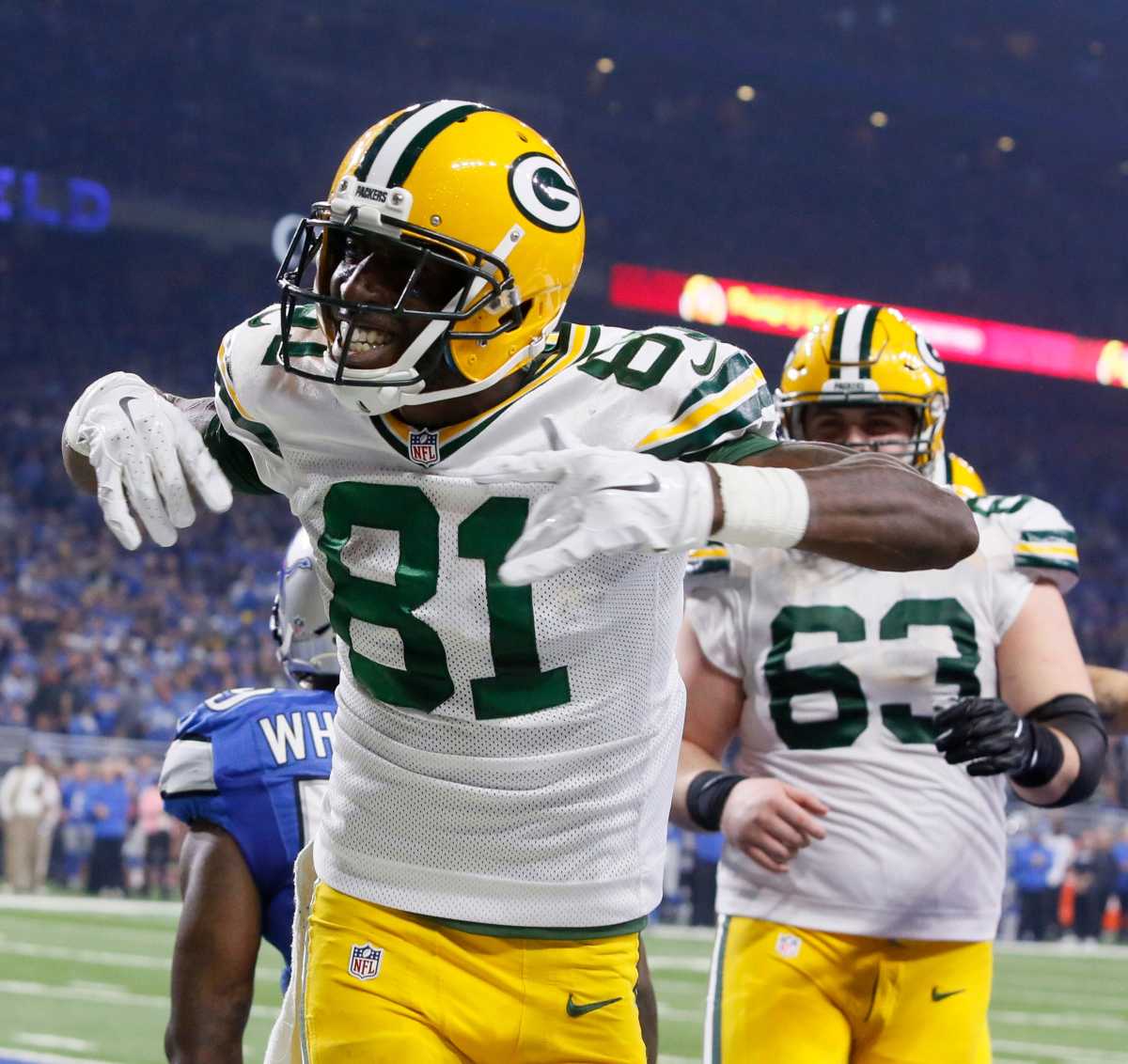 Green Bay Packers receiver Geronimo Allison celebrates after catching a touchdown during the fourth quarter vs. the Detroit Lions at Ford Field on Sunday, Jan. 1, 2017. Green Bay won, 31-24. Lions 010117 Es21