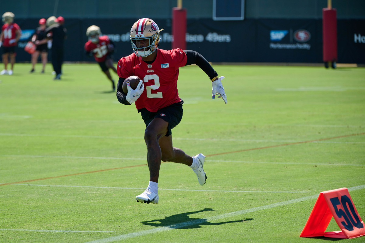 Jul 27, 2023; Santa Clara, CA, USA; San Francisco 49ers wide receiver Isaiah Winstead (2) runs with the football after making a catch during training camp at the SAP Performance Facility. Mandatory Credit: Robert Edwards-USA TODAY Sports