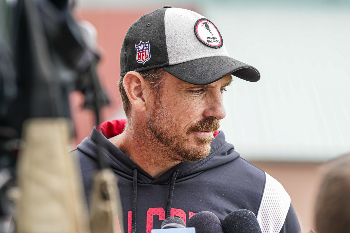 Atlanta Falcons defensive coordinator Ryan Nielsen answers questions for the media during minicamp