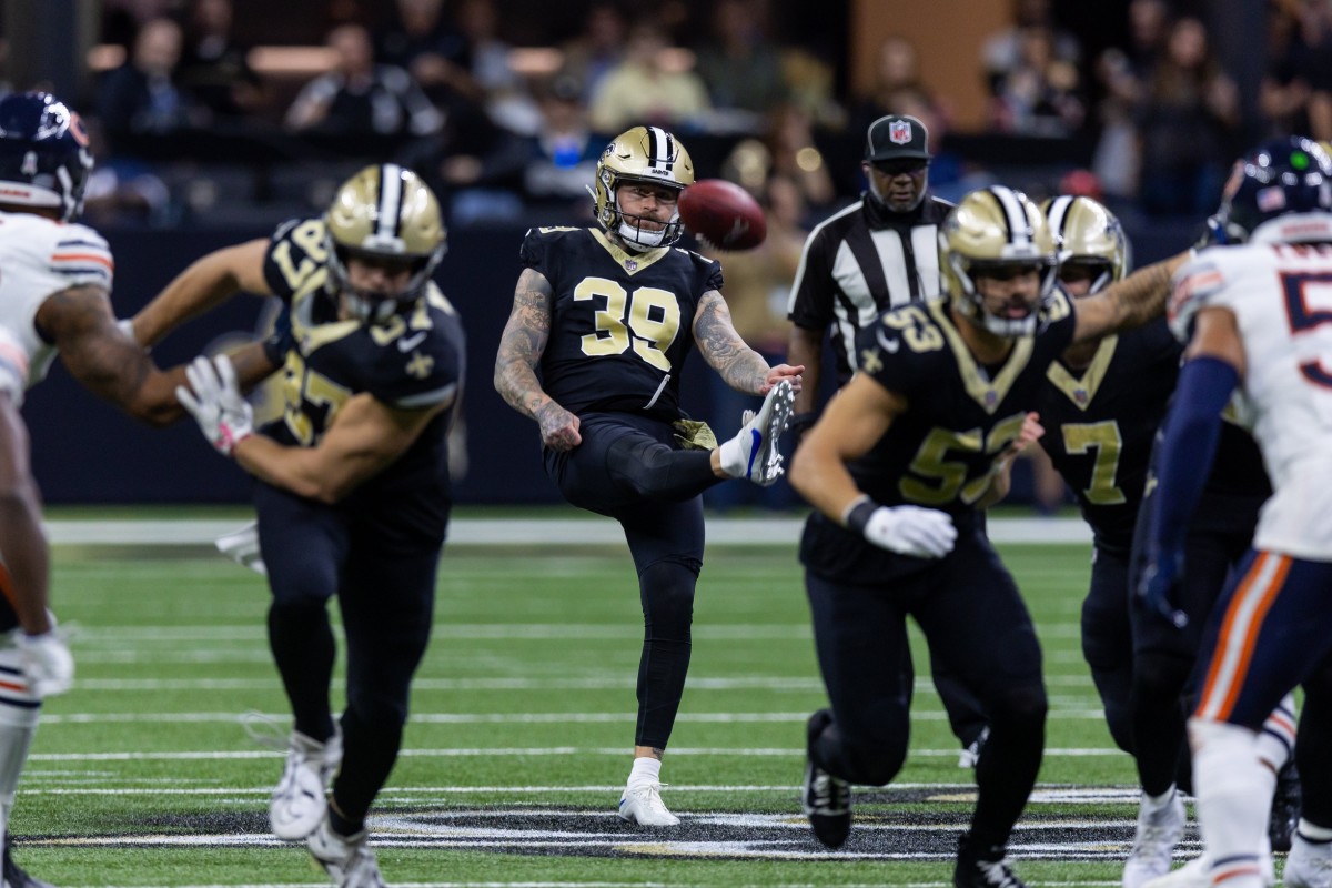 New Orleans Saints punter Lou Hedley (39) punts the ball against the Chicago Bears. Mandatory Credit: Stephen Lew-USA TODAY Sports